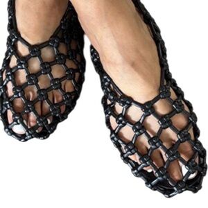 Black Jelly Mesh Ballet Flats Woven Hollow Beach Ballerina Casual Slip On
